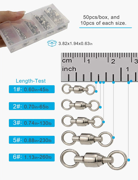 Saltwater Ball Bearing Swivel Set for Big Game Fishing Heavy Duty Snap Swivels 50 Piece Tackle Spinner Connectors in 5 Sizes in storage box