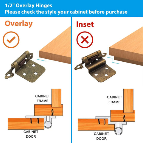 1/2 Inch Overlay Cabinet Door Hinges Featuring Durable Antique Brass Coating and Smooth Self Closing Action, showing correct overlay installation.