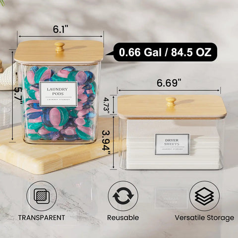 Clear Acrylic Laundry Pods Storage Container Set With Wooden Lids And Scoops, Includes Dryer Sheet Holder And Waterproof Labels, Perfect For Detergent And Scent Boosters, Keeps Your Laundry Room Fresh And No Sweat