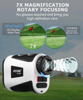 7X magnification view of X1 Golf Range Finder With 660 Yard Range Slope On Off Magnetic Flag Locking 7X Magnification.