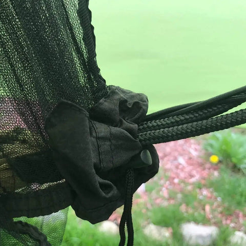 Close-up of No-See-Um Hammock Mosquito Net XL 11FT By 4.6FT With 360 Degree Bug Protection Polyester Mesh, showing secure straps.