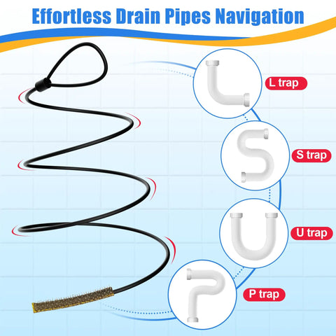Heavy Duty 30 Inch Drain Snake 5 Pack With Rust Resistant Steel Core And Bendy Nylon Sleeve To Yank Gnarly Hair Clogs And Gunk Straight Out Of Shower Pipes Quick And Easy, showing flexibility for various drain pipes.