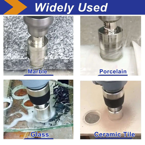 DaduoRi 1-inch diamond hole saw with pilot bit; four views drilling marble, porcelain tile, glass, and ceramic tile.