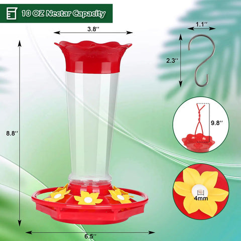2 Pack 10oz Plastic Hummingbird Feeder With Ant And Bee Proof Design, Six Flower Shaped Feeding Ports, Easy Clean Red Nectar Feeders