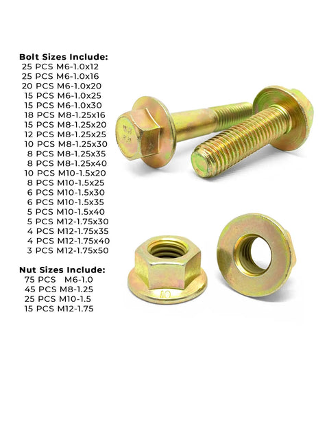 Class 8.8 Hex Flange Bolts And Nuts Kit, 383 Piece Metric Hardware Set, Zinc Yellow Finish, Heavy Duty with bolt and nut sizes