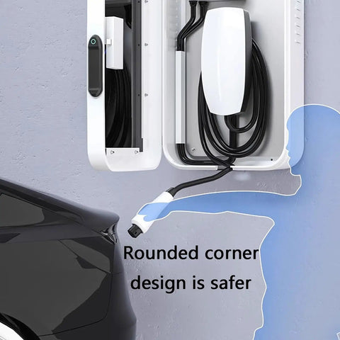 Rock Solid Wall Mounted Charger Cover With Tamper Proof Lock And Integrated Cable Holder For Indoor Outdoor Installations Rugged Steel Box showing electric car charger with rounded corners.