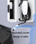 Built Like A Tank Wall Mount Charger Cover With Secure Lock And Cord Organizer For Outdoor Charging Station Box Waterproof Weather Resistant Housing In Classic Black Finish showing white charger with rounded corners.