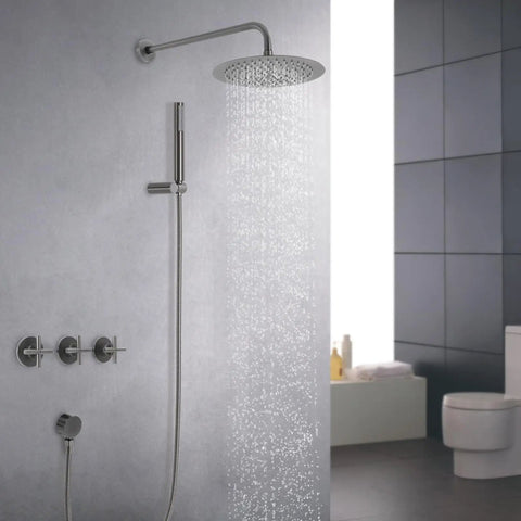 Wall Mounted Shower System 10 Inch Rain Shower Set Stainless Steel with soft silicone nozzle and dual shower options.