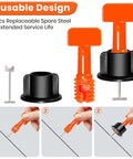 Pro Grade Tile Leveling System Kit with 200 Reusable Spacers showing replaceable steel T-pins and assembly steps.