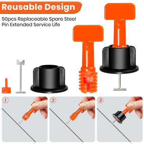 Pro Grade Tile Leveling System Kit with 200 Reusable Spacers showing replaceable steel T-pins and assembly steps.