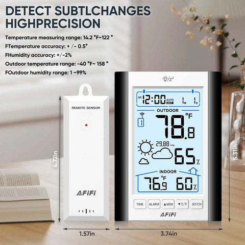 All In One Indoor Outdoor Thermometer And Hygrometer Weather Station With 330 Foot Wireless Remote Sensor Battery Powered And Backlit Display For Real Time Temp And Humidity Inside Or Outside, showing temperature and humidity readings.