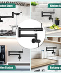 Heavy Duty Wall Mount Pot Filler Reaching 19 Inch Matte Black Kitchen Faucet With American Standard High Flow Design and Badass Reach Spout mounted at kitchen stove and sink.