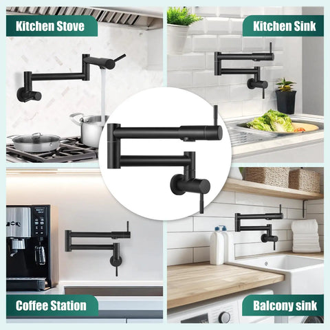 Heavy Duty Wall Mount Pot Filler Reaching 19 Inch Matte Black Kitchen Faucet With American Standard High Flow Design and Badass Reach Spout mounted at kitchen stove and sink.