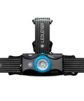 Front view of MH7 Lightweight Rechargeable Headlamp With Removable Headstrap 600 Lumens High Power LED, black and blue design.