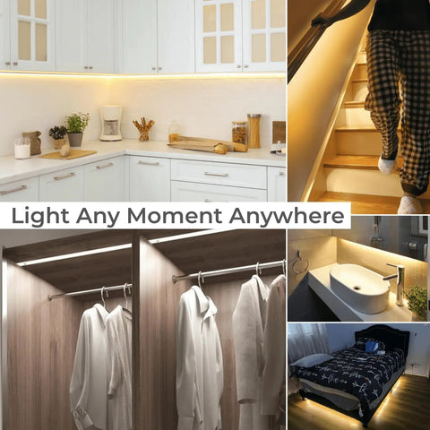 Motion Sensor Led Strip Lights For Closets And Under Cabinets 6.56ft Rechargeable Adhesive Light; illuminated spaces shown.