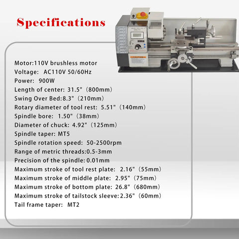 Jaryannix 8 Inch By 32 Inch Mini Metal Lathe With Brushless Motor And Digital Display offers specifications on turning capabilities.