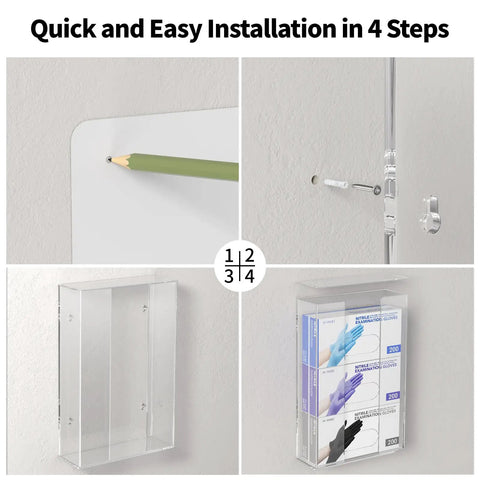 Clear Acrylic Glove Dispenser Wall Mount For Triple Glove Boxes installation steps in four images