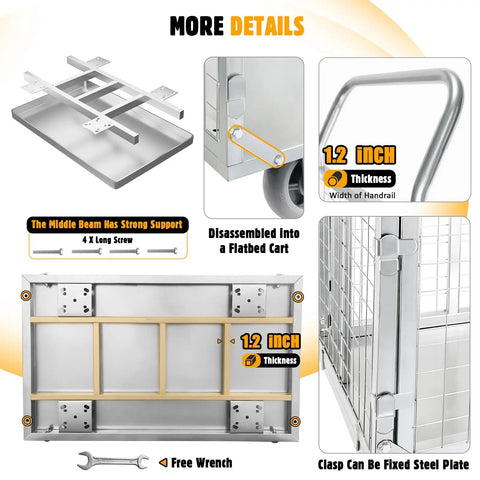6-In-1 Foldable Flatbed Cart With Cage, Heavy-Duty Platform Truck And Dolly, Swivel Wheels, 2000 Pound Capacity, Multi-Purpose Hand Cart For Grocery, Laundry, Storage, Stall And More, Built Tough For Everyday Hauling. Folded steel frame with 1.2-inch handrail thickness