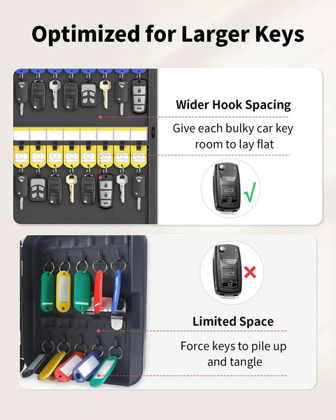 Heavy Duty 32 Position Wall Mount Key Lock Box with optimized wider hook spacing for larger keys in black cabinet.