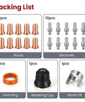Get A Crazy Good Deal On This 23Pcs Plasma Cutter Torch Consumables Kit With Swirl Ring And Retaining Cup Perfect For Cut55 And Mpcut60 Non-Hf Machines featuring nozzles, electrodes, swirl ring, and retaining cup.