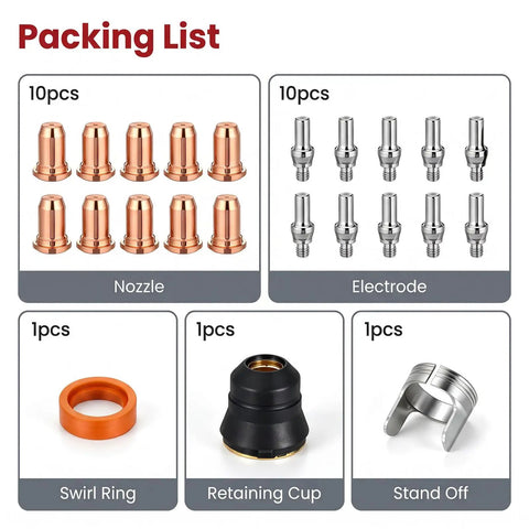 Get A Crazy Good Deal On This 23Pcs Plasma Cutter Torch Consumables Kit With Swirl Ring And Retaining Cup Perfect For Cut55 And Mpcut60 Non-Hf Machines featuring nozzles, electrodes, swirl ring, and retaining cup.