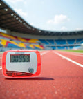 Red Portable Mini Digital LCD Pedometer For Walking And Running Steps On The Go Pocket Size Distance Miles Calorie Counter Daily Target Monitor Exercise Time Compact Pedometer on track