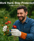Man gardening with Long Sleeve Leather Gardening Gloves For Women And Men, Thornproof Puncture Resistant Cowhide Work Gloves For Heavy Duty Yard Work