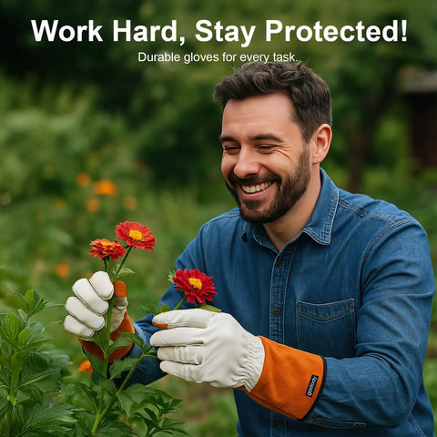 Man gardening with Long Sleeve Leather Gardening Gloves For Women And Men, Thornproof Puncture Resistant Cowhide Work Gloves For Heavy Duty Yard Work