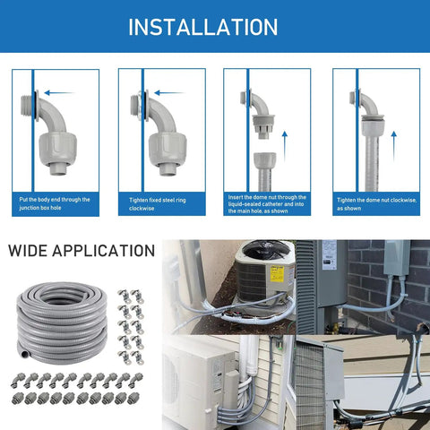 Heavy Duty Three Quarter Inch Flexible PVC Conduit Kit Pro Grade Easy Install With Thirty One Pieces Including Ten Couplings Ten Elbows And Ten Straps UV Resistant UL Listed Gray For HVAC And Refrigeration Installations installation guide.