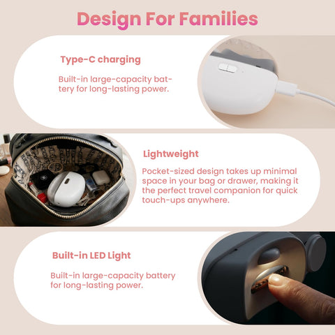 Upgraded Electric Nail Clipper With Adjustable Speeds And LED Light Automatic Trimmer for babies and seniors, showing compact design and LED light.