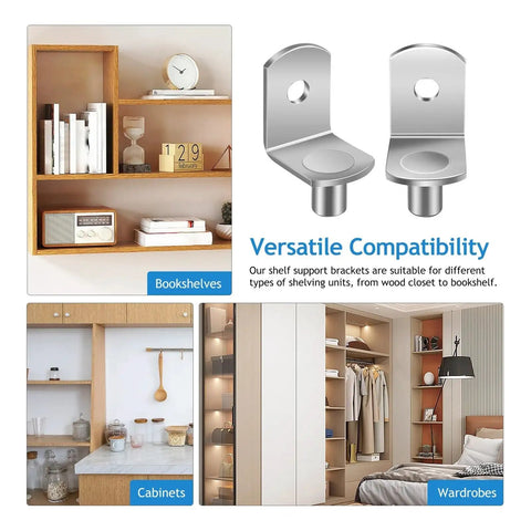 Heavy Duty L Shape Shelf Brackets Pins Set For Kitchen Cabinets Bookcases And Closets, nickel-plated for stable shelves.