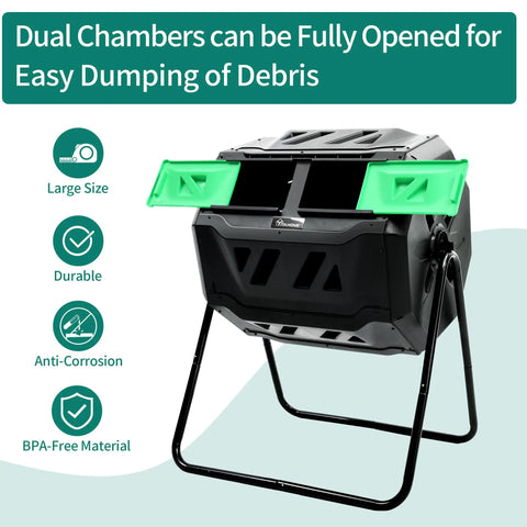 Massive Outdoor Dual Bin Composter Tumbling 43 Gallon Rotating Compost Bin With Two Sliding Doors And Aeration System Two 21.5 Gallon Chambers Garden Compost Tumbler BPA Free front view
