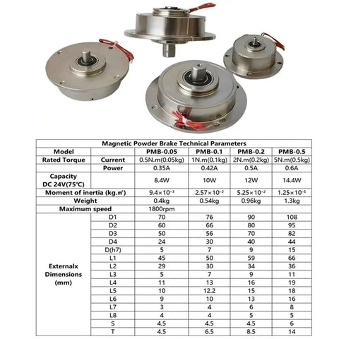 Micro Magnetic Powder Brake Tension Controller Kit With Powder Clutch And Particle Brake shown with technical parameters