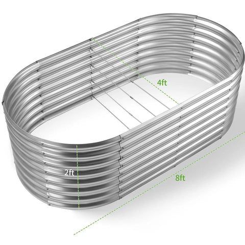 Galvanized Raised Garden Bed With 8x4x2 Ft Size, Outdoor Oval Metal Planter Box For Vegetables, Silver Thickened Steel Construction