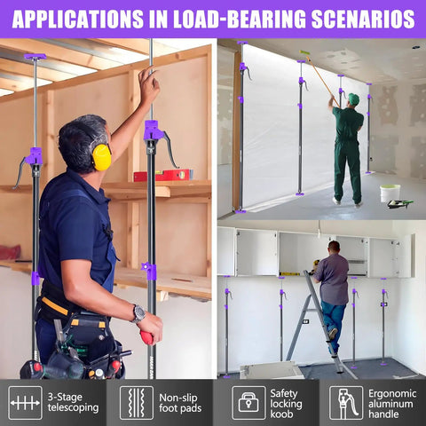 Heavy Duty Steel Drywall Jack Poles, Adjustable Cabinet Support Rod System 49-114 Inches, shown in use for ceiling drywall installation.