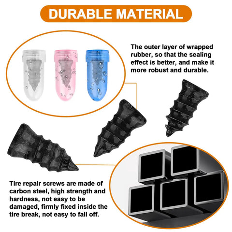 100 Piece Tire Plug Kit With Three Sizes Of Tire Repair Screws And A Screwdriver For Fast On The Road Tire Repairs And Emergency Fixes For Cars Trucks And SUVs showing durable material and design features.
