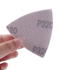 Close-up of Triangular Sandpaper Set for Oscillating Multi Tool sheet, 320 grit, 3-1/8 inch, hook and loop backing, no holes.