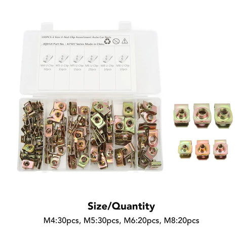 U Nut Kit 100 Pcs Stainless Steel M8 Assortment For Auto Body Panel Bumper Repair Clamp Nuts For Sheet Metal And Plastic Trim Rust Resistant Galvanized Finish With Secure Fixing For Car Panels, open case