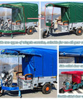 All Season Electric Cargo Trike Canopy With Full Enclosure Rain Curtain And Semi Enclosure For Summer, Heavy Duty Three Wheel Tricycle Tarpaulin Includes Thickened Frame, Eight Hose Clamps, Screwdriver And Wrench, Blue 59.1 By 39.4 Inches, three-wheel cargo trike with blue frame and clear rain curtain