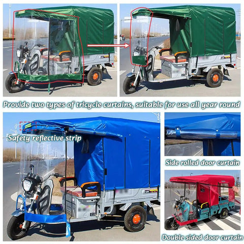 All Season Electric Cargo Trike Canopy With Full Enclosure Rain Curtain And Semi Enclosure For Summer, Heavy Duty Three Wheel Tricycle Tarpaulin Includes Thickened Frame, Eight Hose Clamps, Screwdriver And Wrench, Blue 59.1 By 39.4 Inches, three-wheel cargo trike with blue frame and clear rain curtain