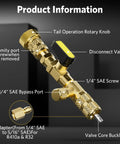 Diagram of Valve Core Remover And Installer Tool Pro Grade with brass adapter, dual size SAE ports, and labeled components.