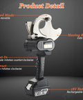 Cordless Hydraulic Cable Cutter With Rechargeable Power showcasing blade details and 18V battery on display.