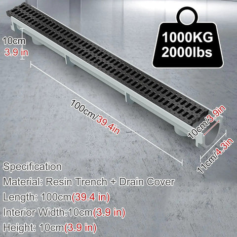 Heavy Duty Trench Drain Kit for Yard, Driveway and Sidewalk with Resin Trench, Cover, End Cap, supports 2000 lbs, dimensions shown.