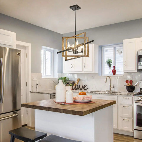 4 Light Rustic Farmhouse Chandelier With Oil Rubbed Bronze Finish over a kitchen island in a modern kitchen setting