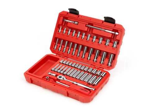 1/4 Inch Drive 6-Point Socket And Ratchet Set, 55-Piece With Standard And Deep Sockets In Inch And Metric Sizes open case full view