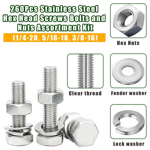 Stainless Steel Hex Bolts Nuts And Washers Kit 260 Piece Set With Flat And Lock Washers Case Included For 1/4-20 5/16-18 And 3/8-16 Full Thread Heavy Duty Hardware DIY Projects product view.