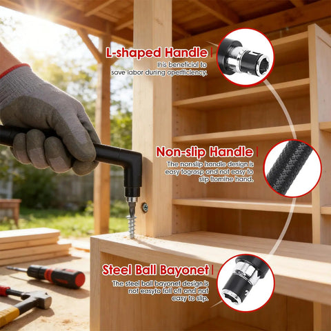 Pro Grade Ratchet Screwdriver Set With 36 Tooth Ratchet Driver Bits And Sockets for Everyday DIY home repairs, shown with L-shaped handle and steel ball bayonet.