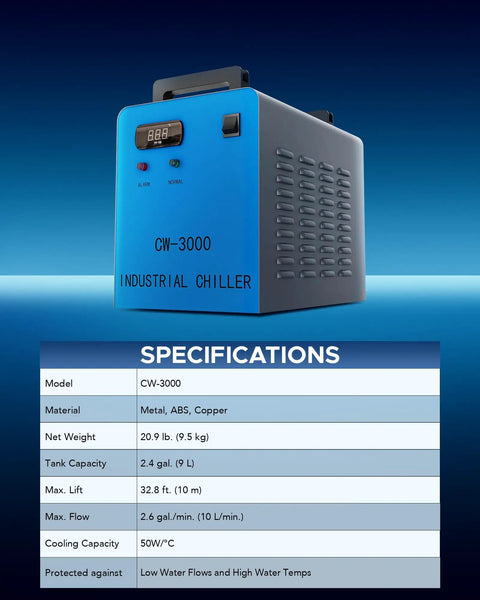 Industrial CO2 Water Chiller For K40 Laser Engravers Up To 50 Watts, CW-3000 unit with digital display and brass fittings.