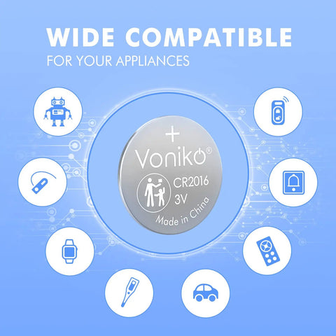Trusted CR2016 3V Lithium Button Batteries 5 Pack, featuring compatibility with various devices in a clear layout.