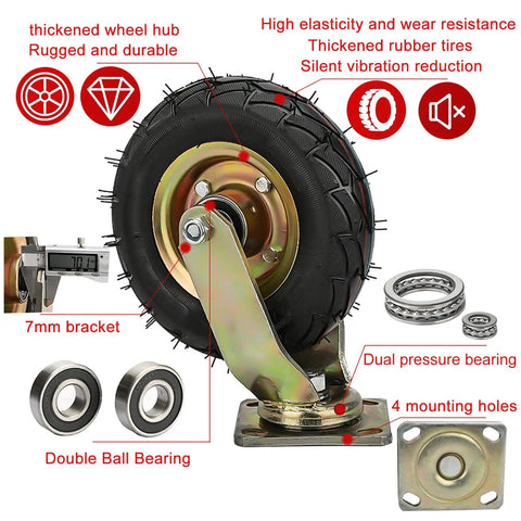 Rock Solid Five Pack Heavy Duty Industrial Caster Wheels With Silent Pneumatic Rubber Tires And Rust Resistant Steel Base close-up view of wheel with 7mm bracket and dual ball bearings